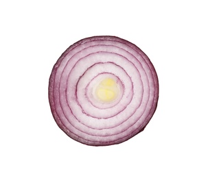 Fresh slice of red onion on white background, top view