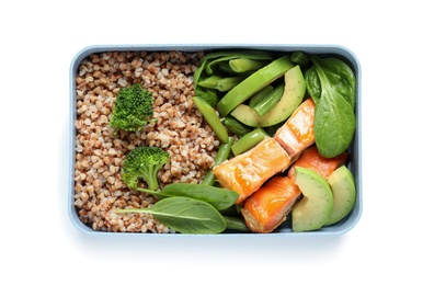 Container with natural protein food on white background, top view