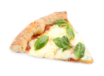 Photo of Slice of delicious pizza on white background