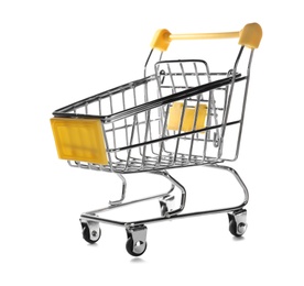 Photo of Empty metal shopping trolley isolated on white