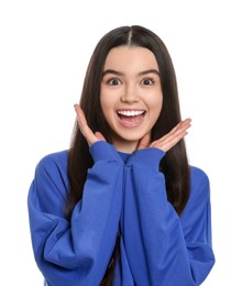 Portrait of happy teenage girl on white background