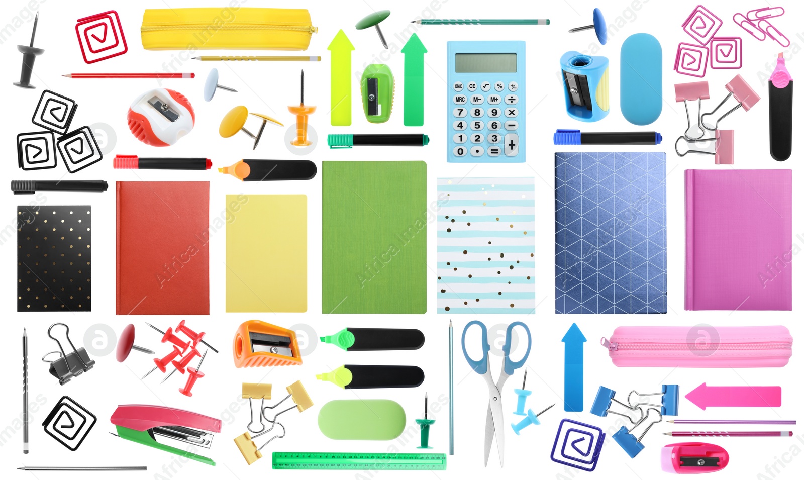 Image of Set of bright school stationery on white background