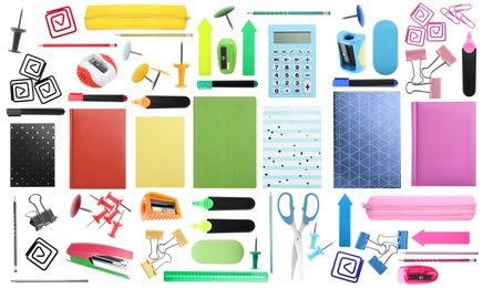 Image of Set of bright school stationery on white background