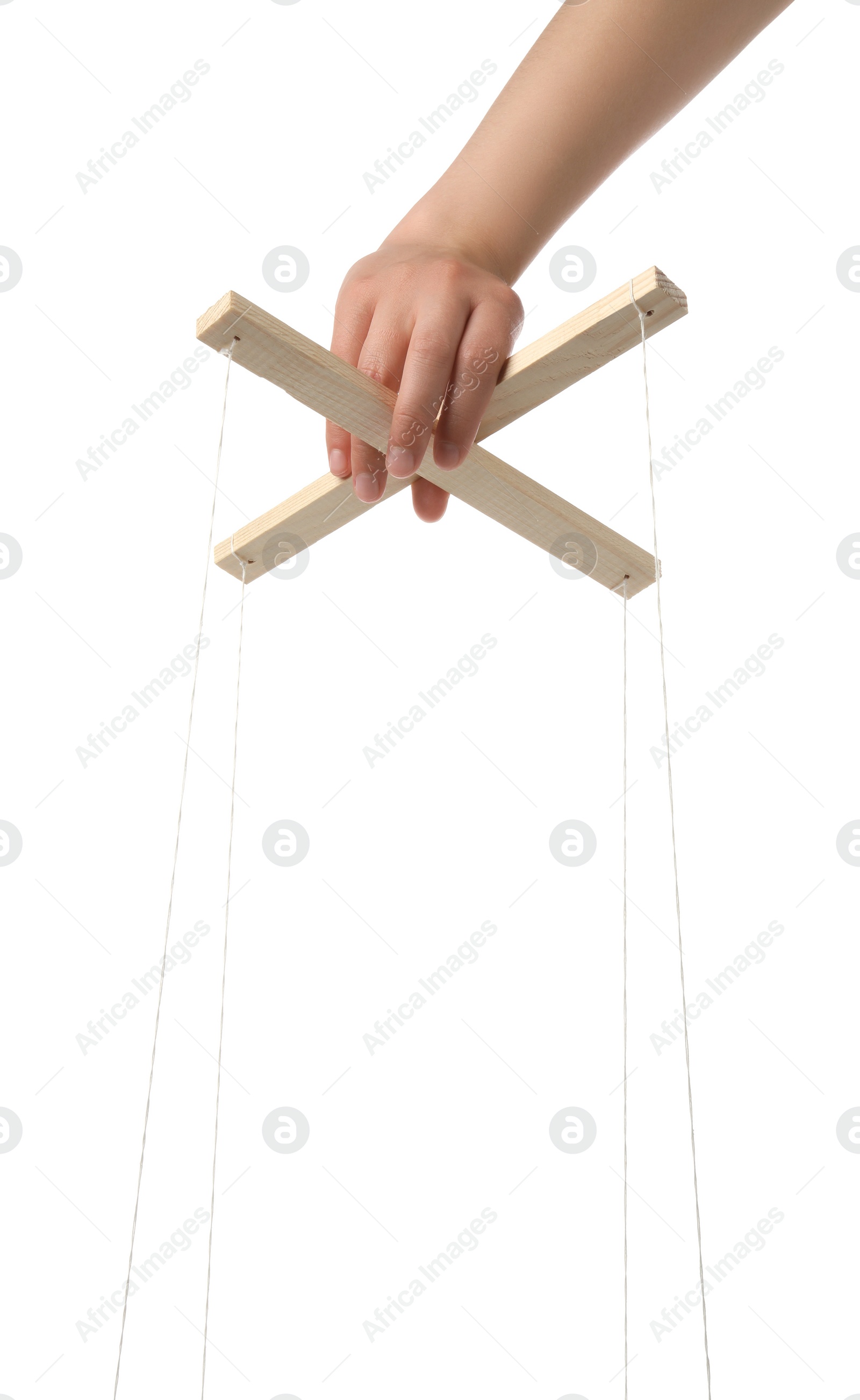 Photo of Woman pulling strings of puppet on white background, closeup