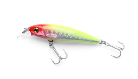 Fishing lure on white background, top view. Artificial bait