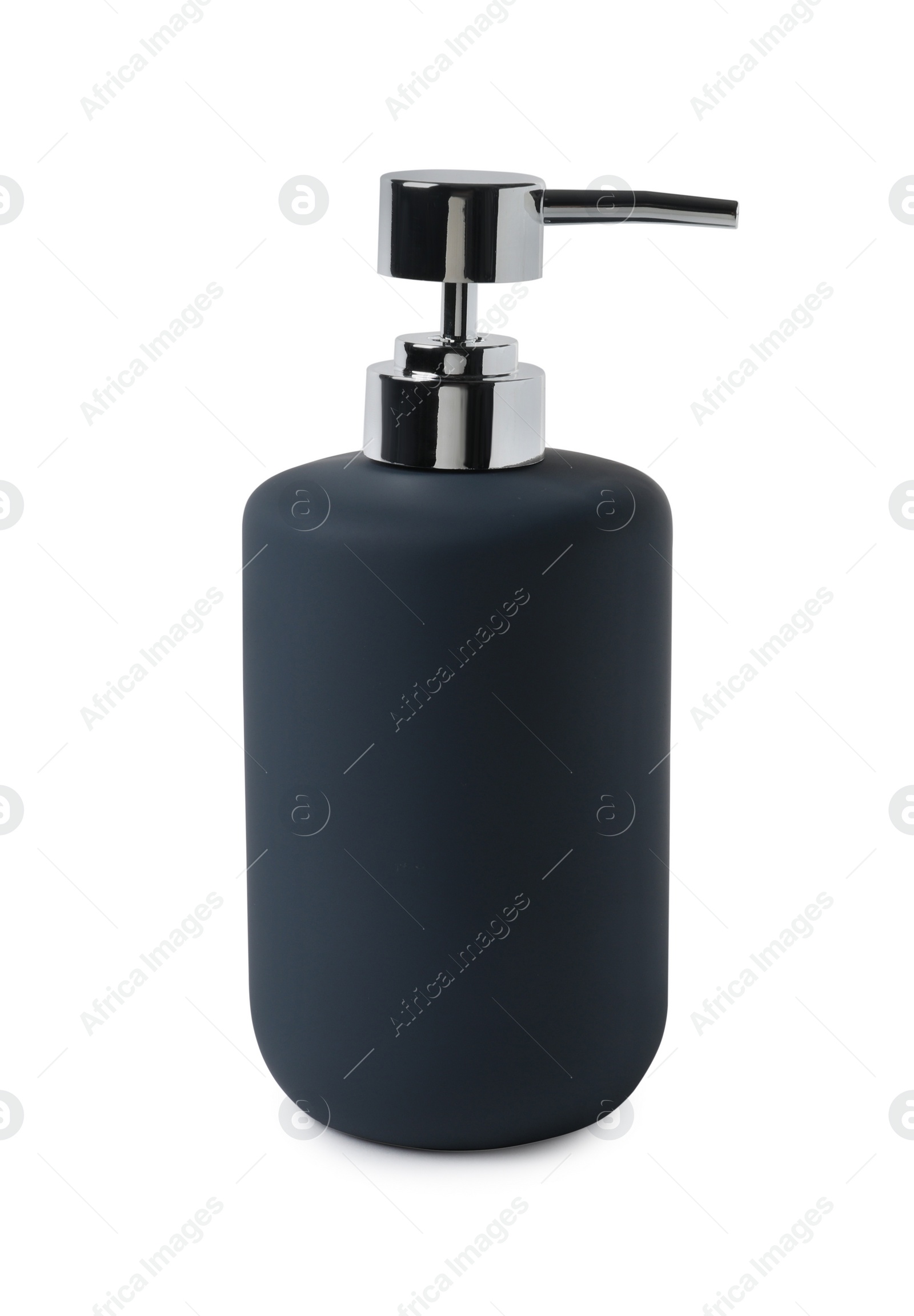 Photo of Bath accessory. Dark blue liquid soap dispenser isolated on white