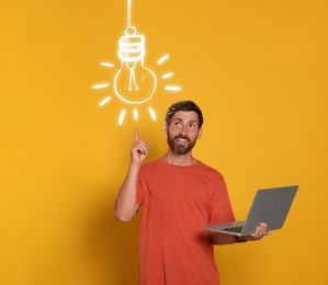 Idea generation. Man with laptop on orange background. Illustration of glowing light bulb over him