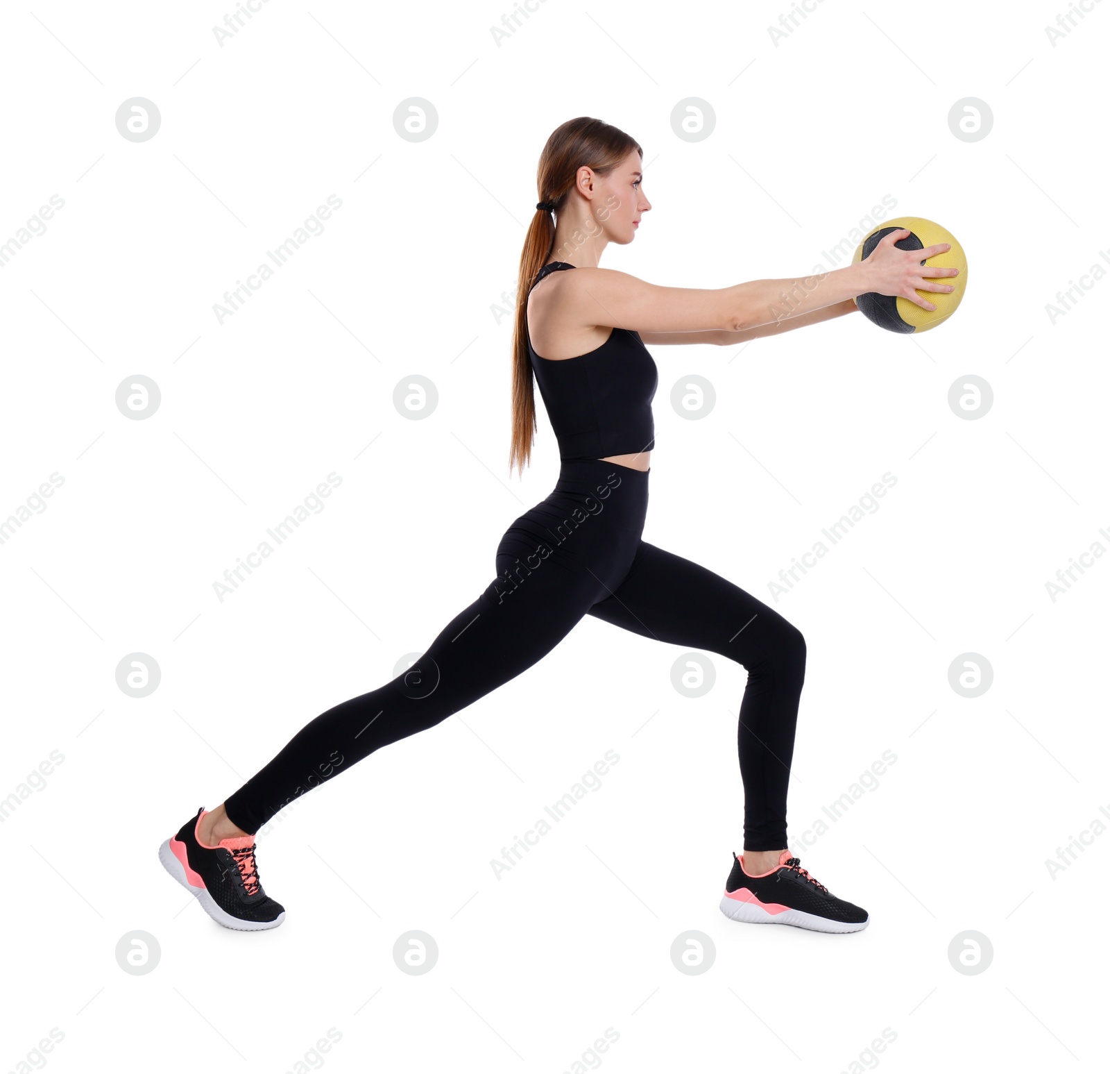 Photo of Athletic woman doing exercise with medicine ball isolated on white