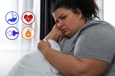 Image of Virtual icons demonstrating different health problems and overweight woman n at home