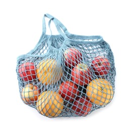 Photo of String bag with apples and oranges isolated on white, top view