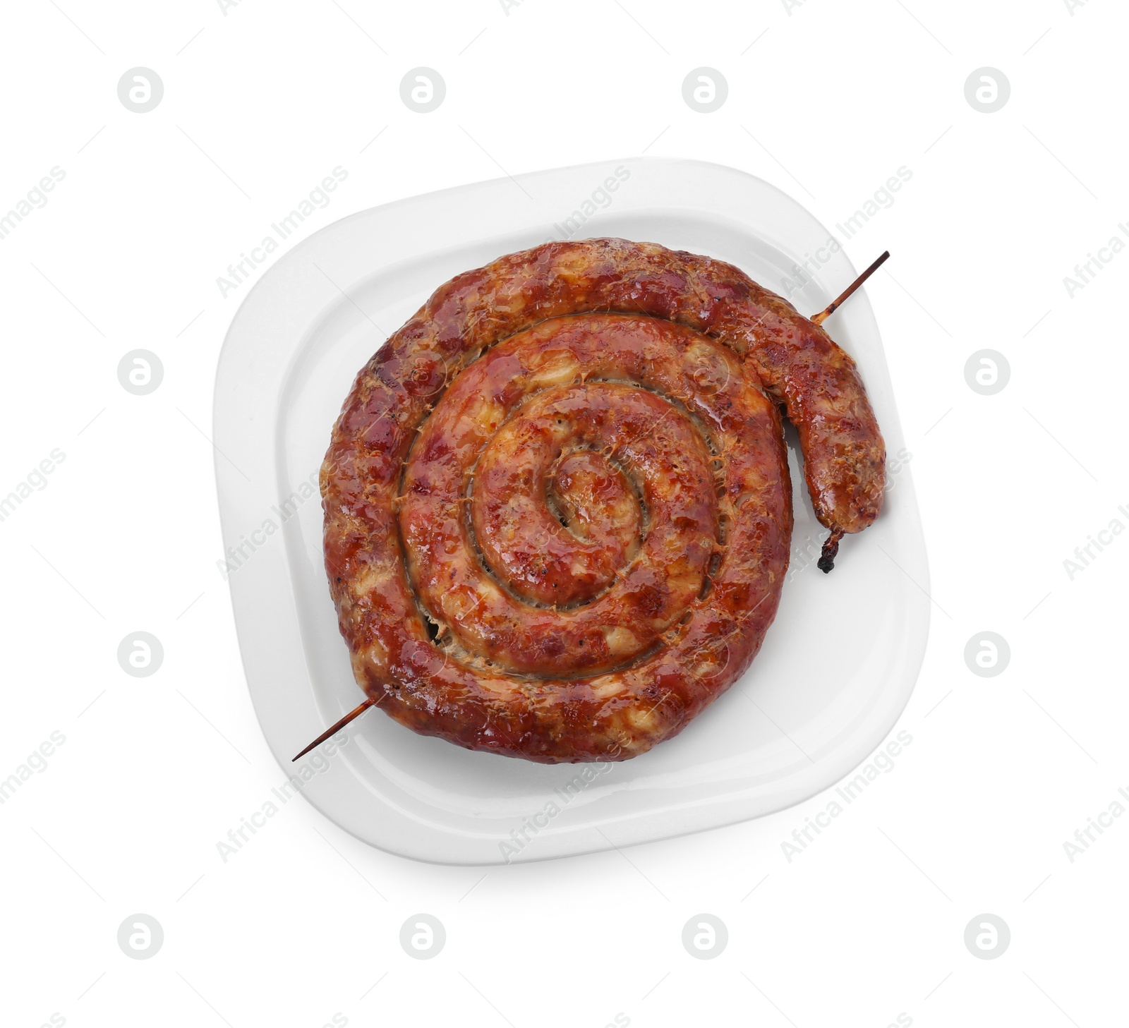 Photo of One ring of delicious homemade sausage isolated on white, top view