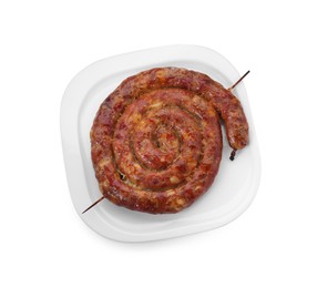 One ring of delicious homemade sausage isolated on white, top view