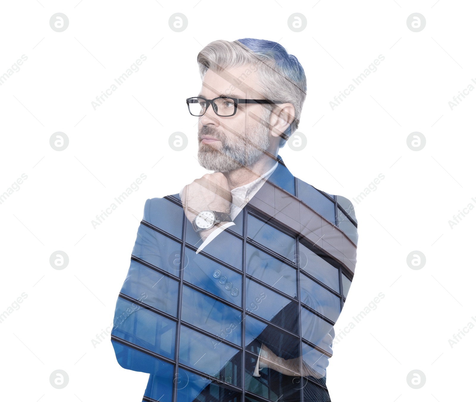 Image of Double exposure of businessman and office building