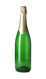 Photo of Bottle of champagne on white background. Festive drink