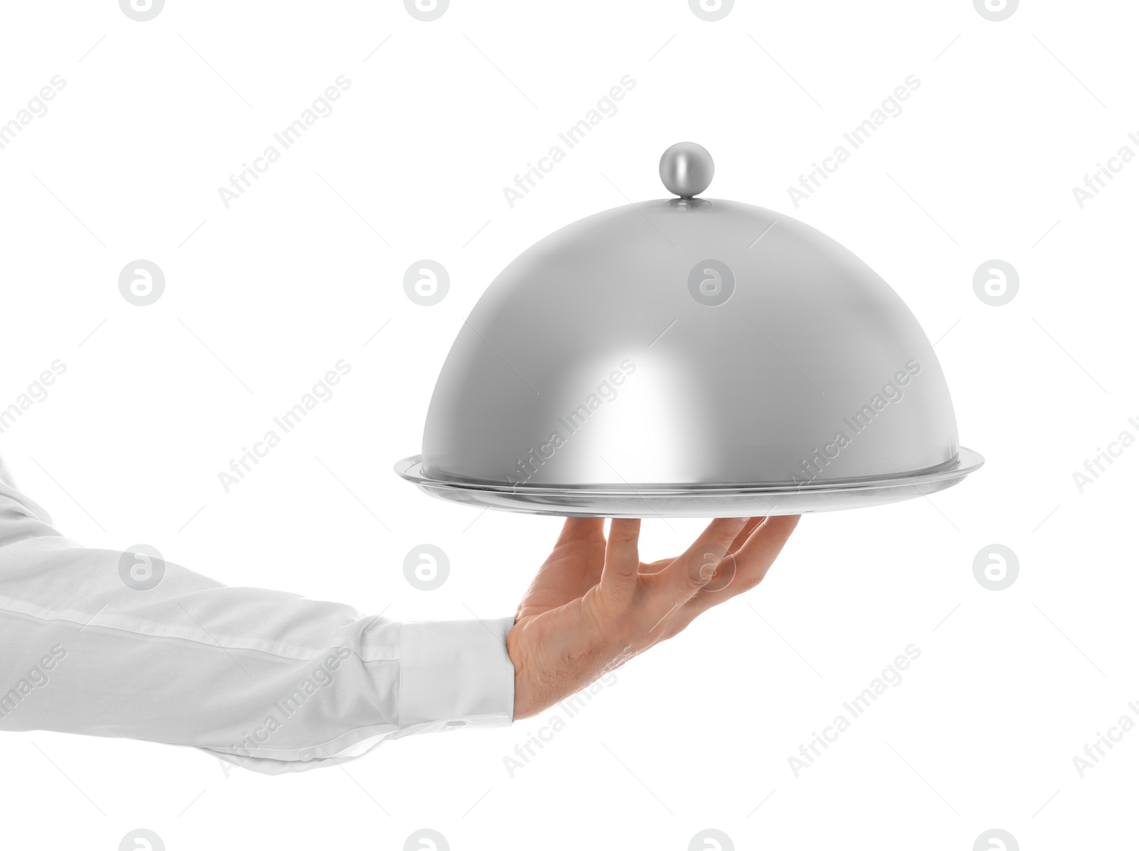 Photo of Waiter holding metal tray with lid on white background, closeup