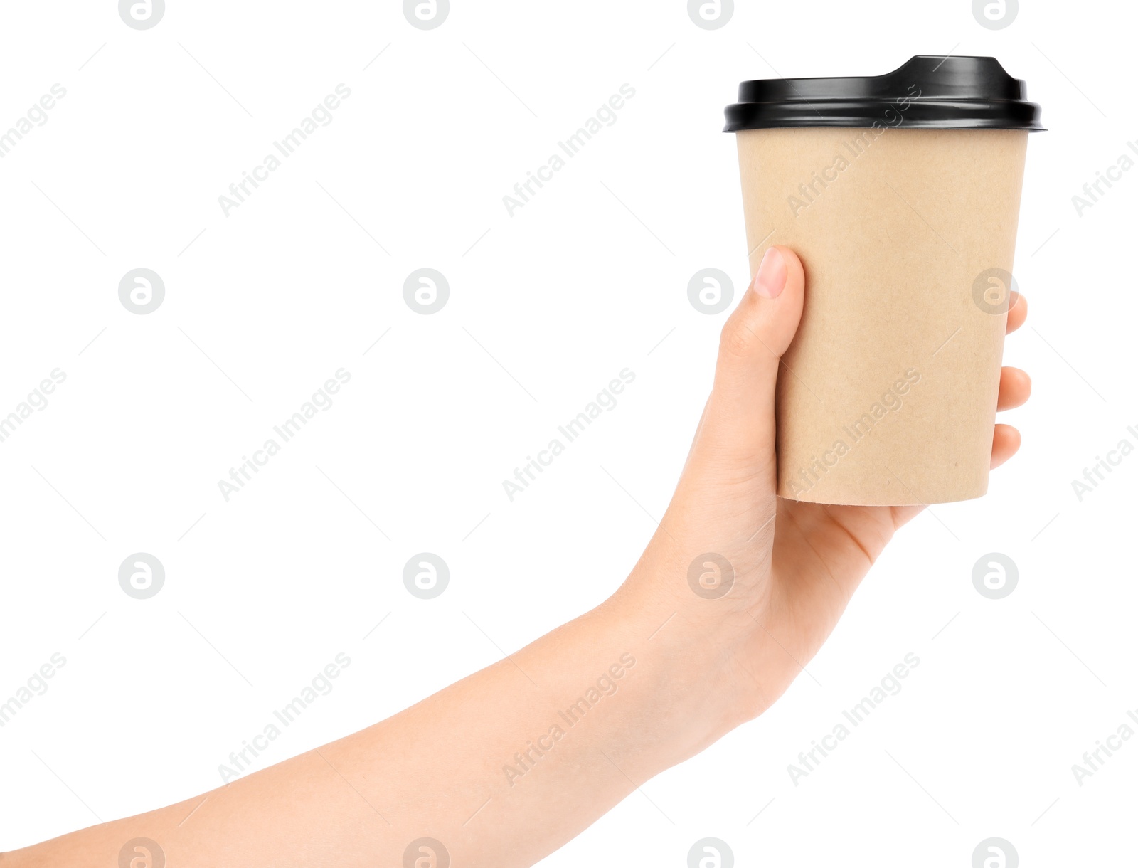 Photo of Woman holding takeaway paper coffee cup on white background, closeup