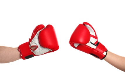 Photo of Men in boxing gloves on white background, closeup