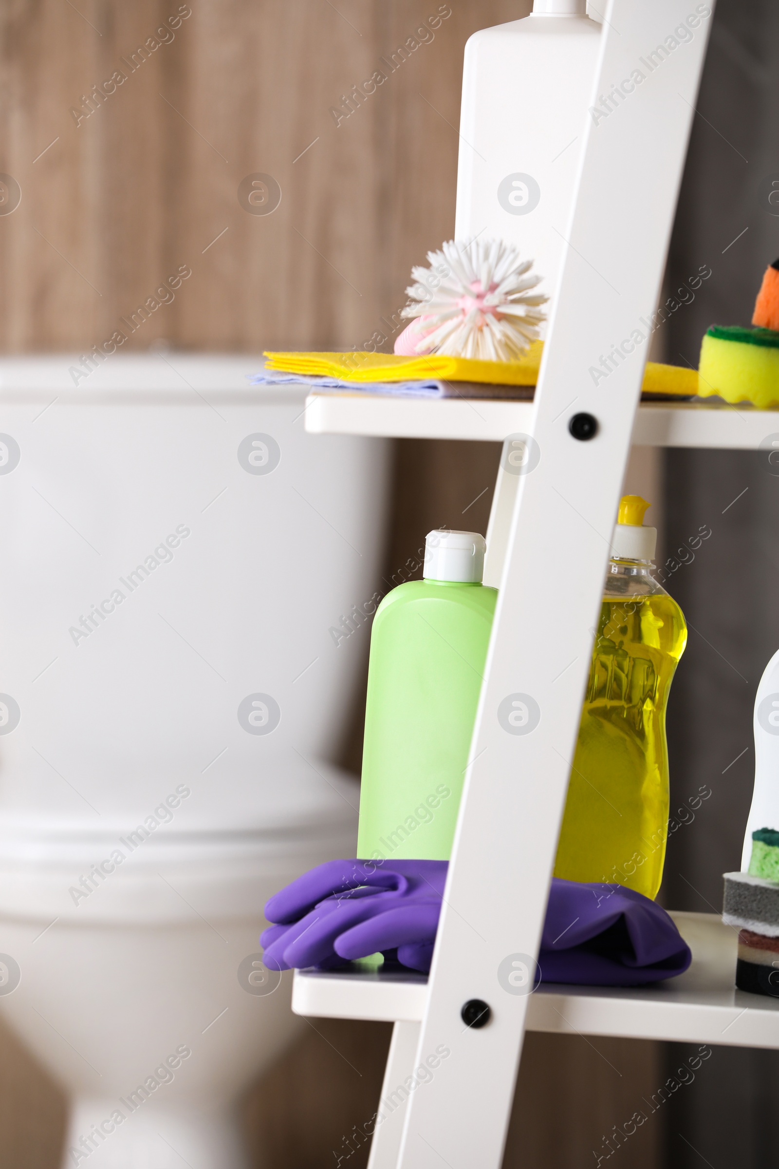 Photo of Different toilet cleaning supplies on shelving unit indoors