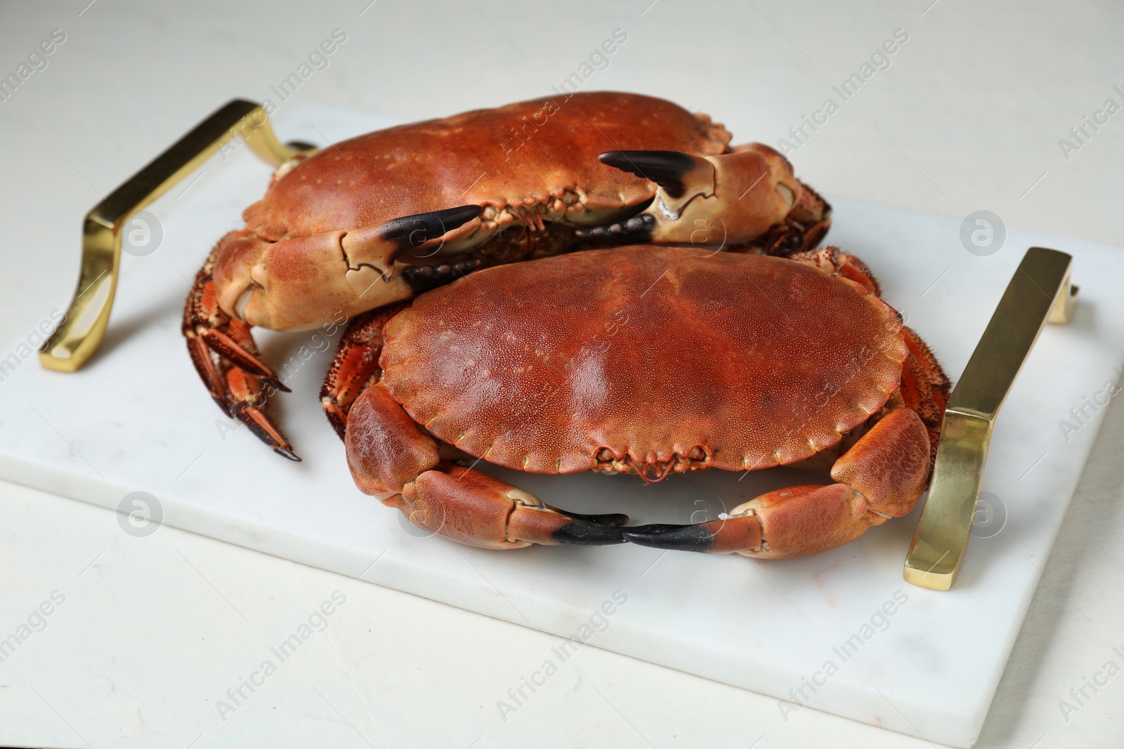 Photo of Delicious boiled crabs on white table, closeup