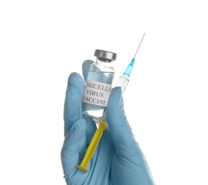 Photo of Doctor holding chickenpox vaccine and syringe on white background, closeup. Varicella virus prevention
