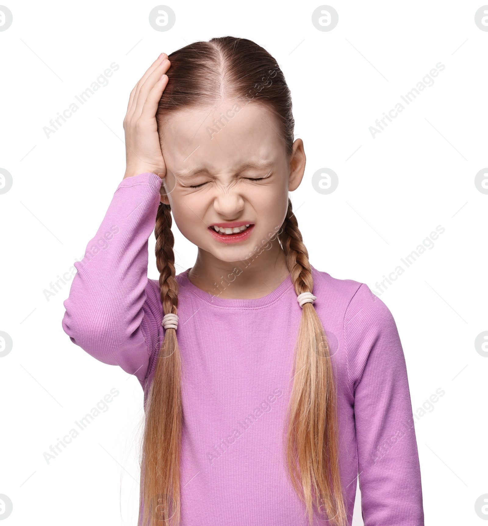 Photo of Little girl suffering from headache on white background