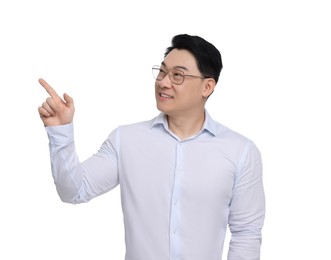 Businessman in formal clothes posing on white background