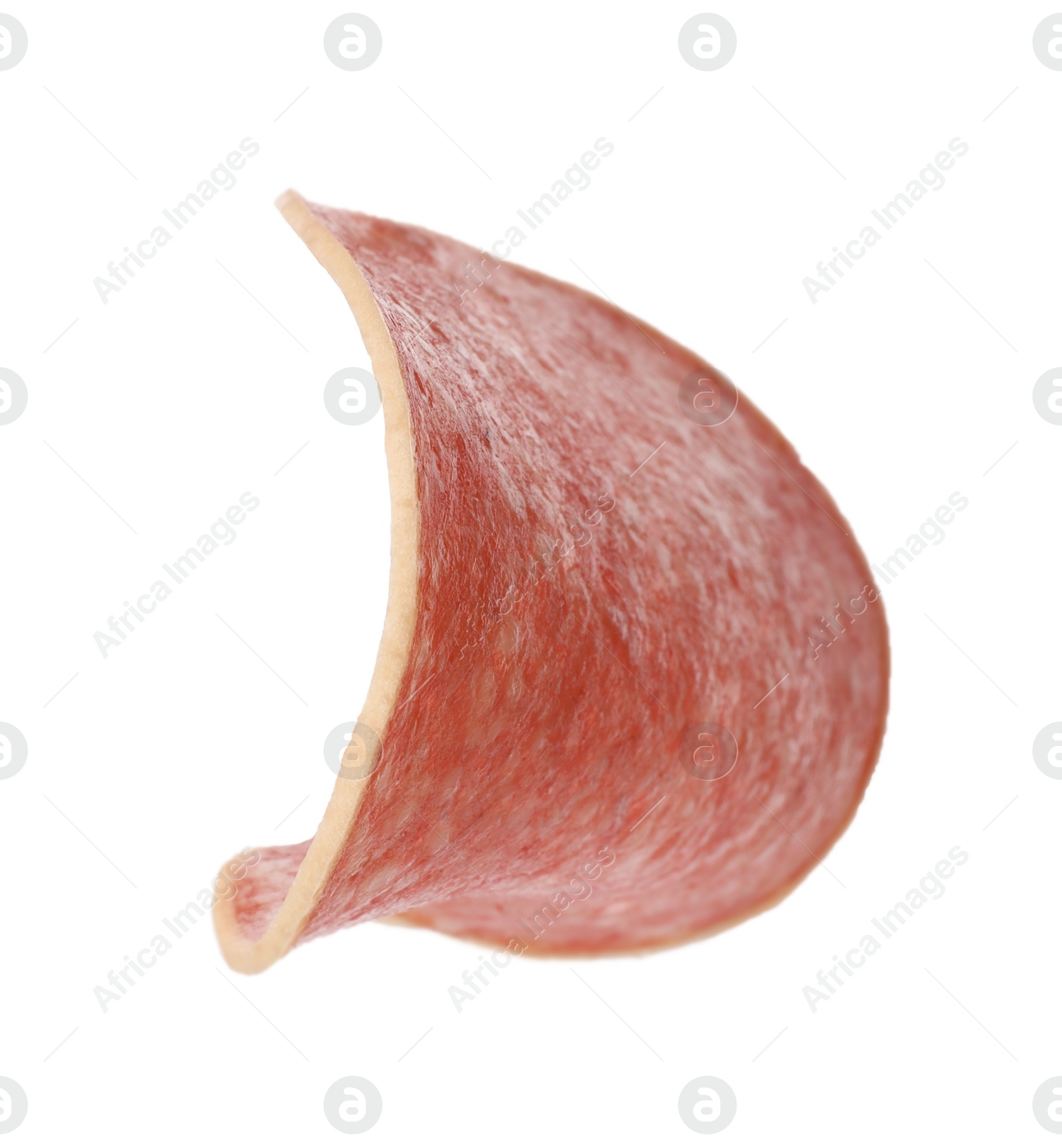 Photo of Piece of salami smoked sausage isolated on white