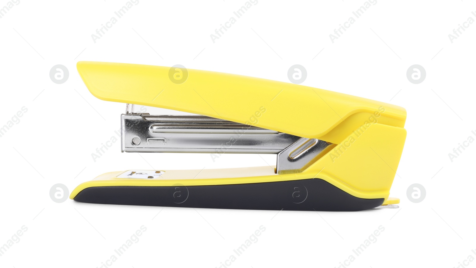 Photo of One new yellow stapler isolated on white