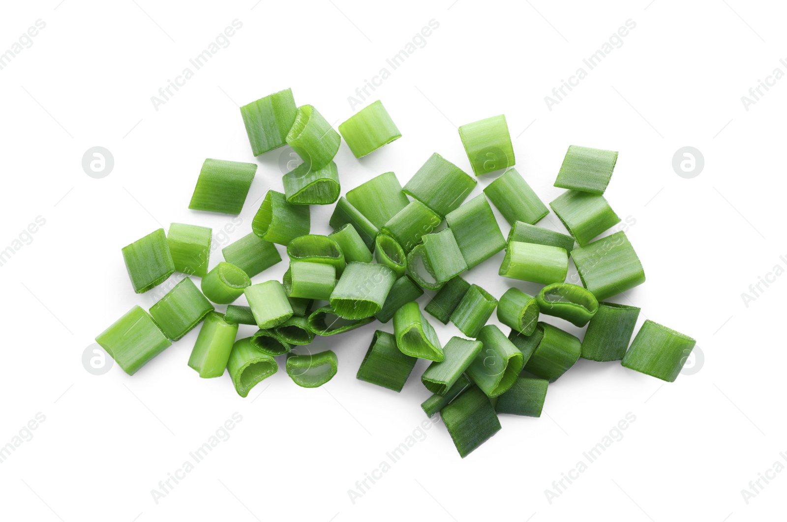 Photo of Pile of fresh green onion isolated on white, top view