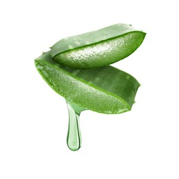 Aloe vera leaf cross sections with juice in air on white background