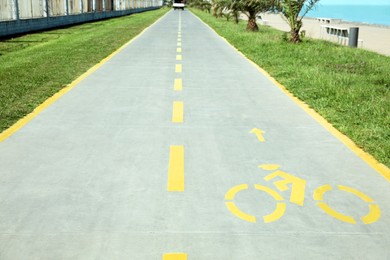 Photo of Bike lane with painted yellow bicycle sign and arrow