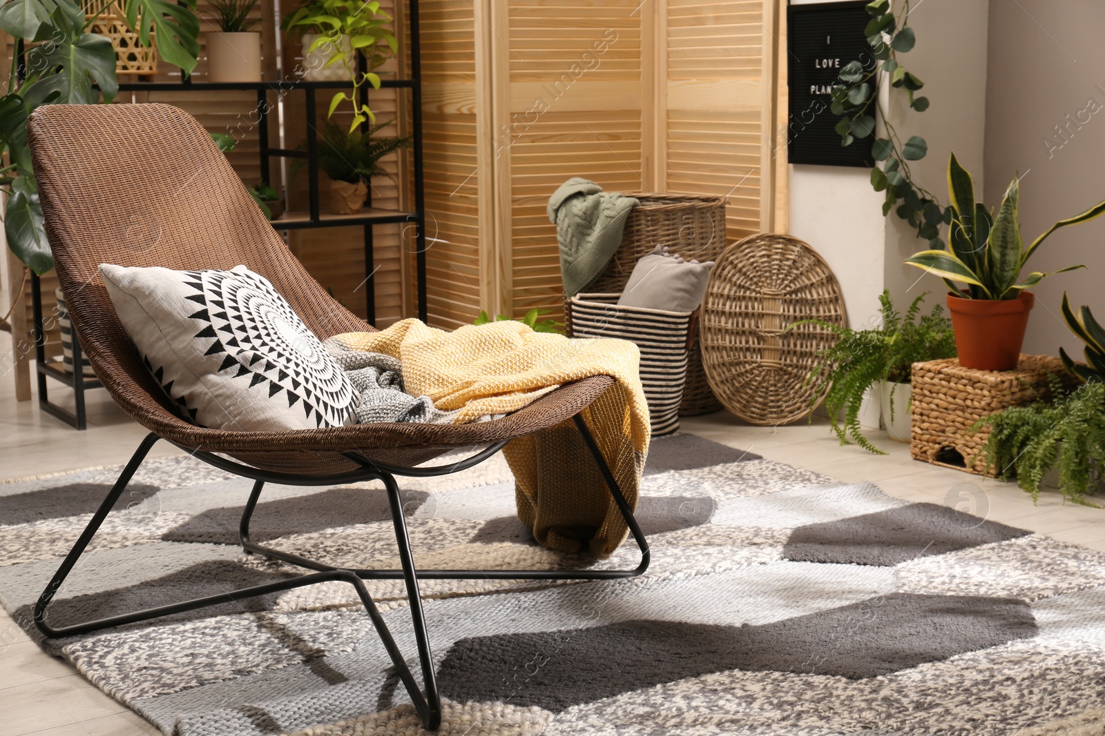 Photo of Lounge area interior with comfortable armchair and beautiful houseplants