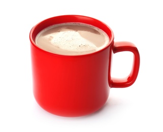 Photo of Mug with delicious hot cocoa drink on white background