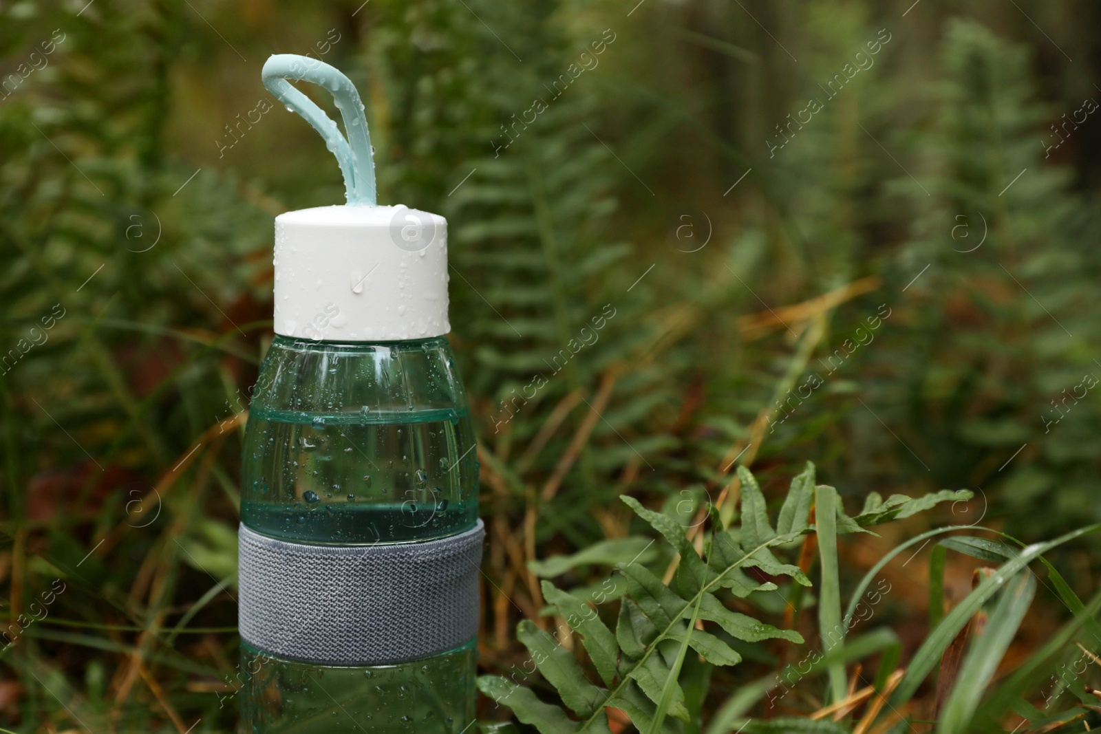 Photo of Glass bottle of fresh water in green grass, space for text