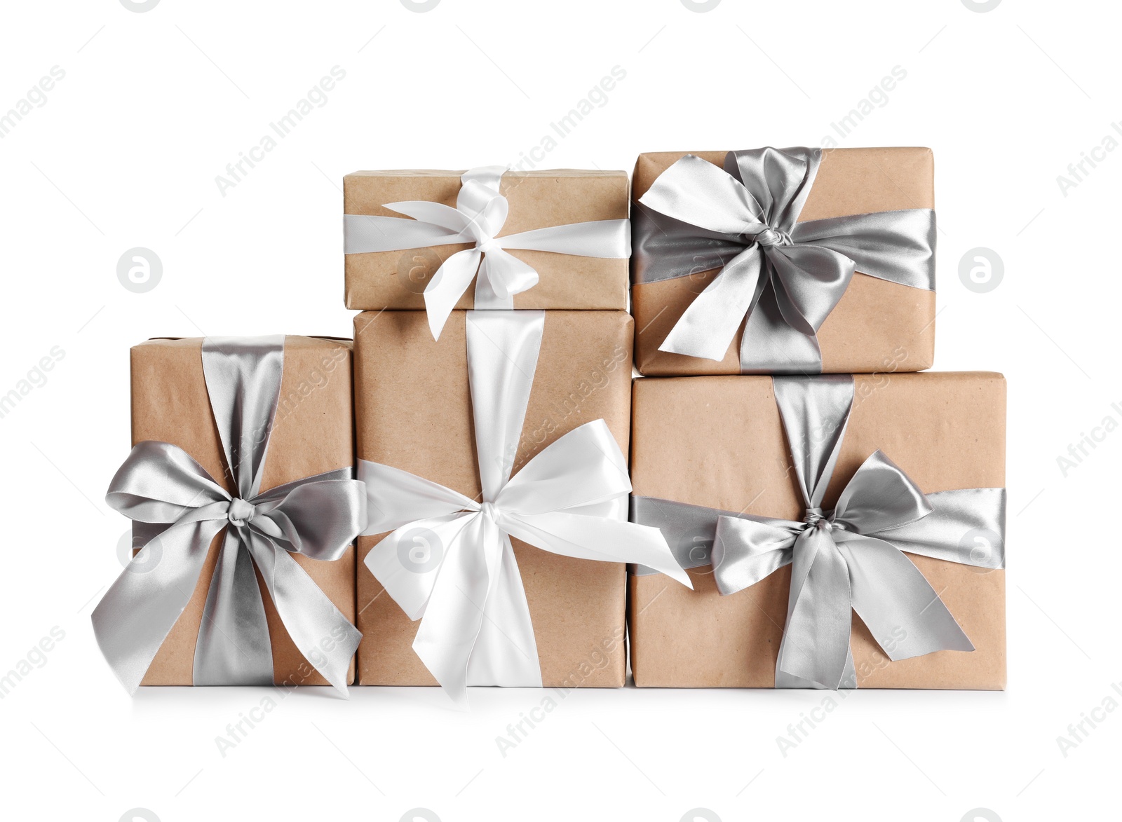 Photo of Beautifully wrapped gift boxes on white background