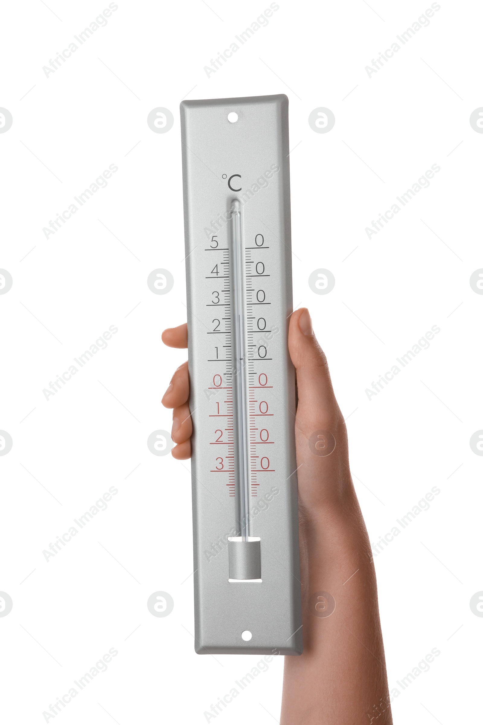 Photo of Woman holding weather thermometer on white background, closeup