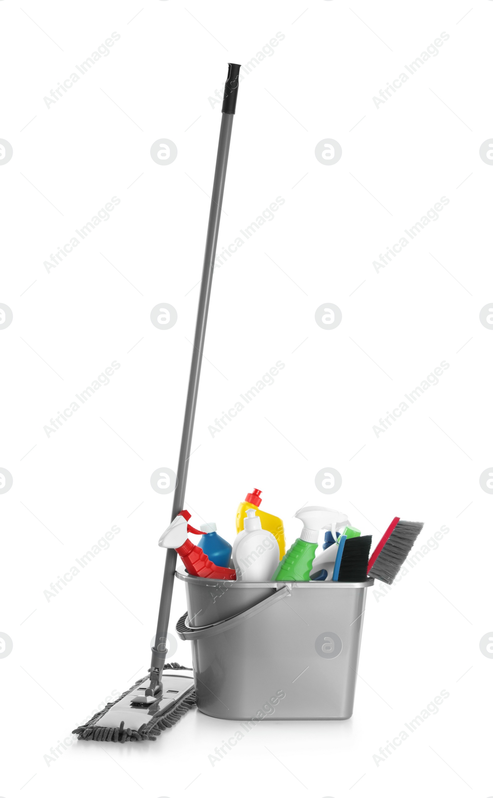 Photo of Mop and plastic bucket with different cleaning supplies on white background