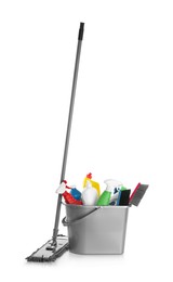 Mop and plastic bucket with different cleaning supplies on white background