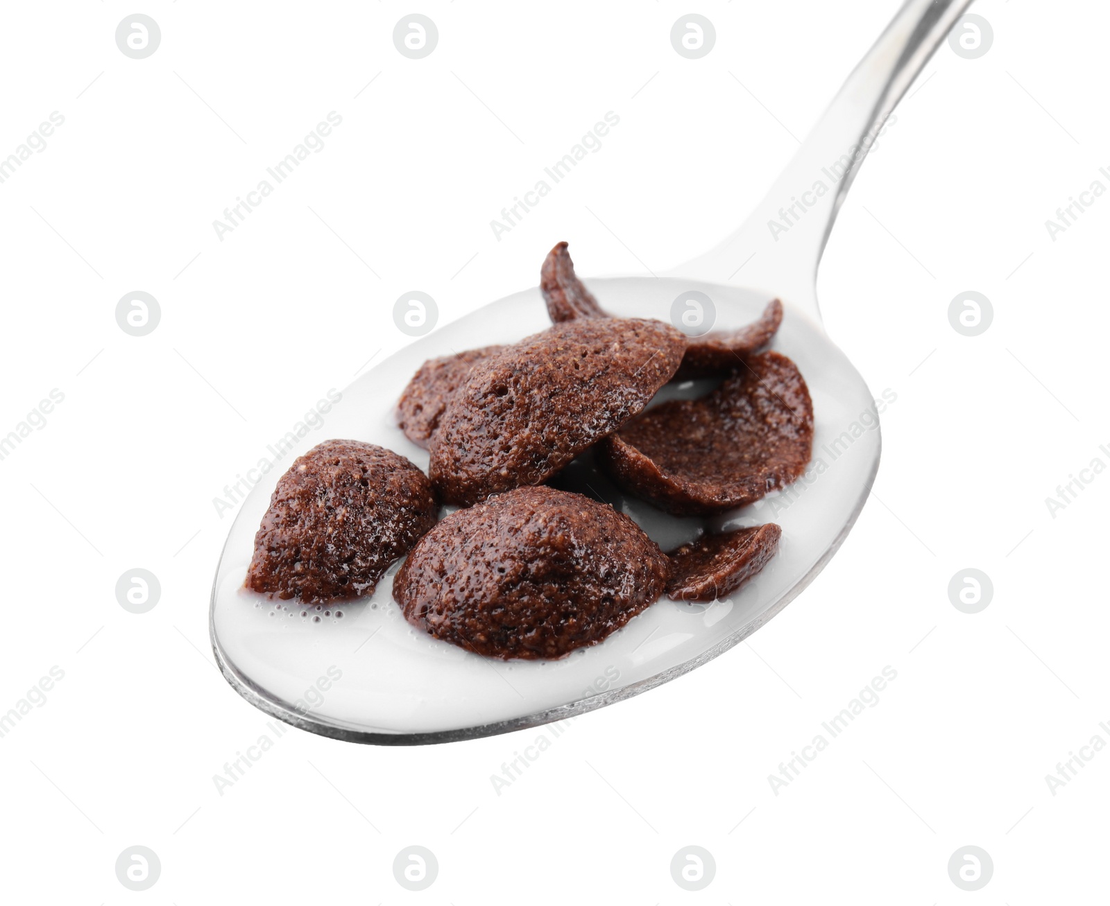 Photo of Breakfast cereal. Chocolate corn flakes and milk in spoon isolated on white