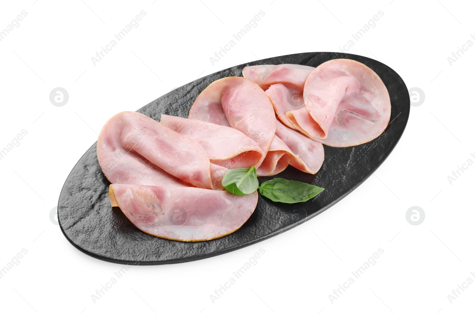 Photo of Slices of tasty ham and basil isolated on white