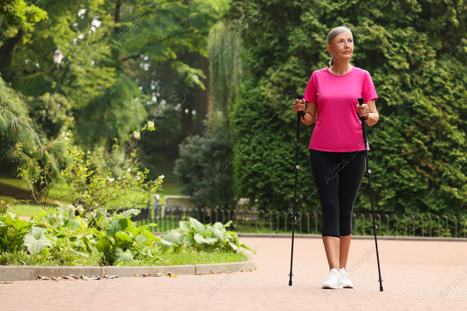 Photo of Senior woman performing Nordic walking outdoors, space for text. Low angle view