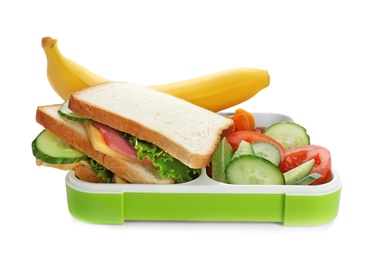 Lunch box with appetizing food on white background