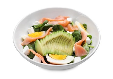 Photo of Delicious salad with boiled egg, salmon and avocado in bowl isolated on white