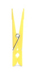 Photo of Bright yellow plastic clothespin isolated on white