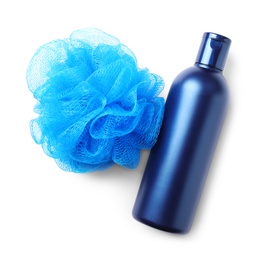 Photo of Shower gel and bast wisp isolated on white, top view. Men's cosmetics