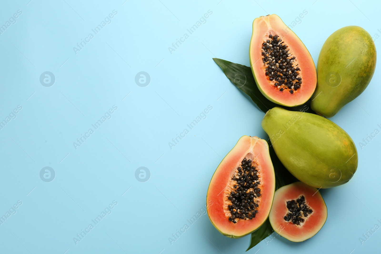 Photo of Fresh ripe papaya fruits with green leaves on light blue background, flat lay. Space for text