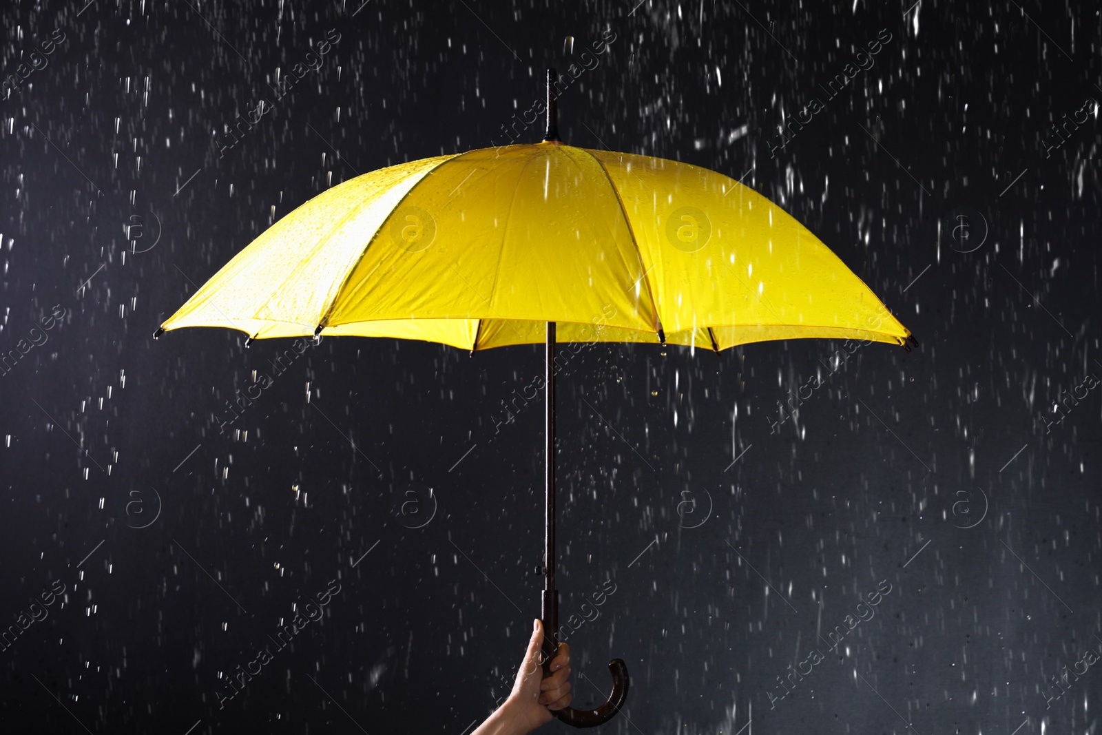 Photo of Woman holding bright umbrella under rain on dark background, closeup