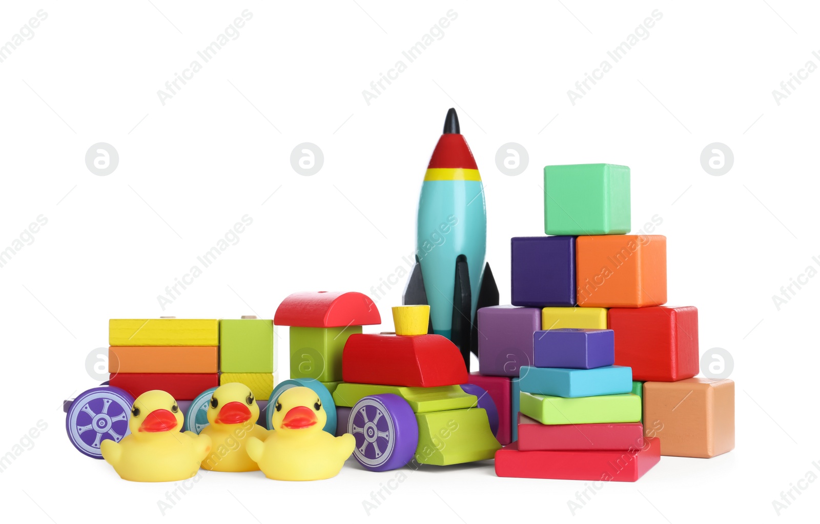 Photo of Set of different toys on white background