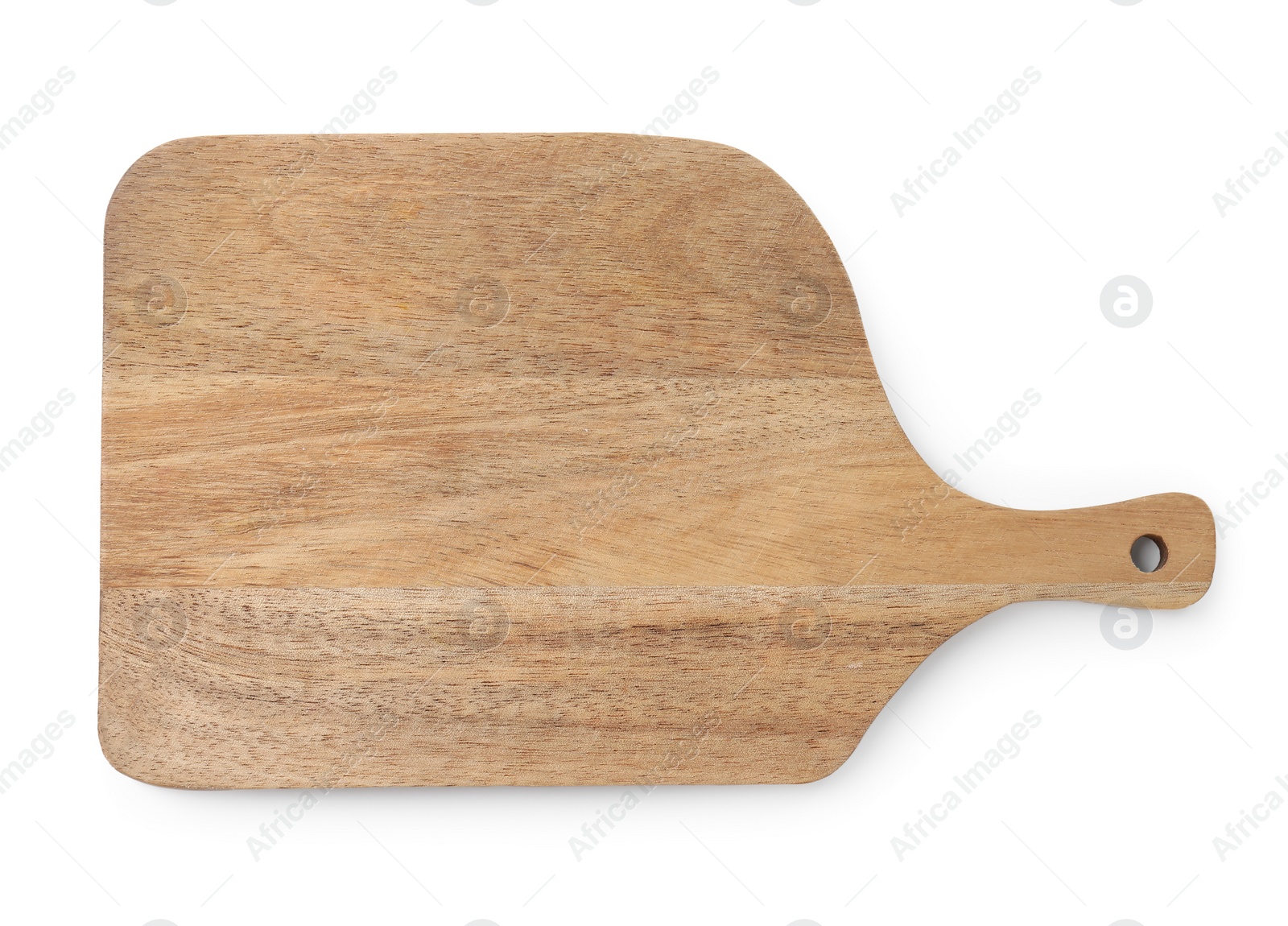 Photo of One wooden cutting board on white background, top view