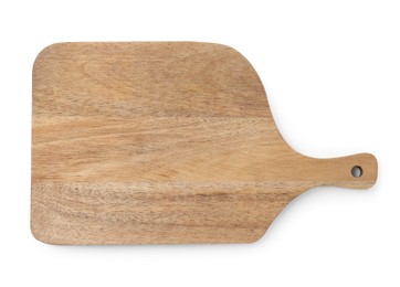 Photo of One wooden cutting board on white background, top view